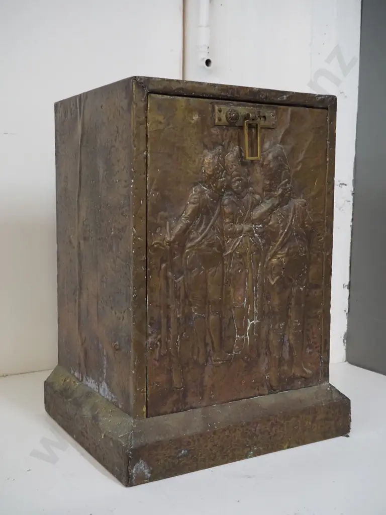 vintage beaten brass over wood coal bin with tilting front & liner, soldier motif, missing trim piece H-510 W-370 D-330 Image 1++