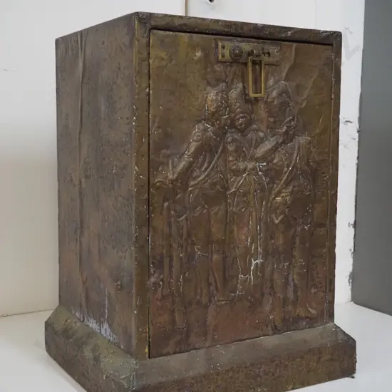 vintage beaten brass over wood coal bin with tilting front & liner, soldier motif, missing trim piece H-510 W-370 D-330