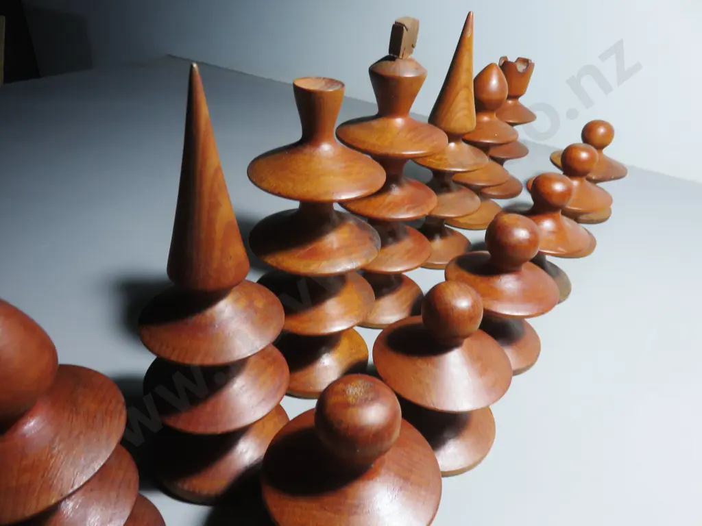 Superb oversized mid century turned timber chess set Image 1++