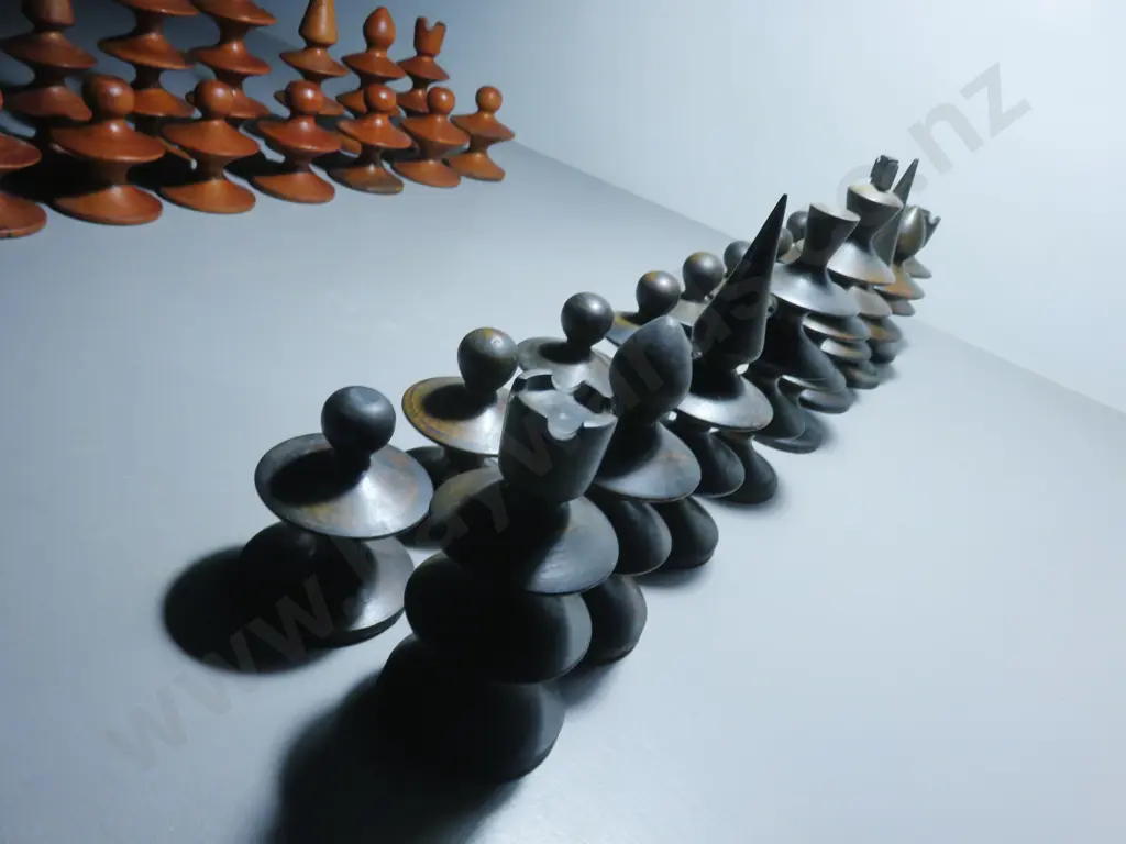 Superb oversized mid century turned timber chess set Image 1++