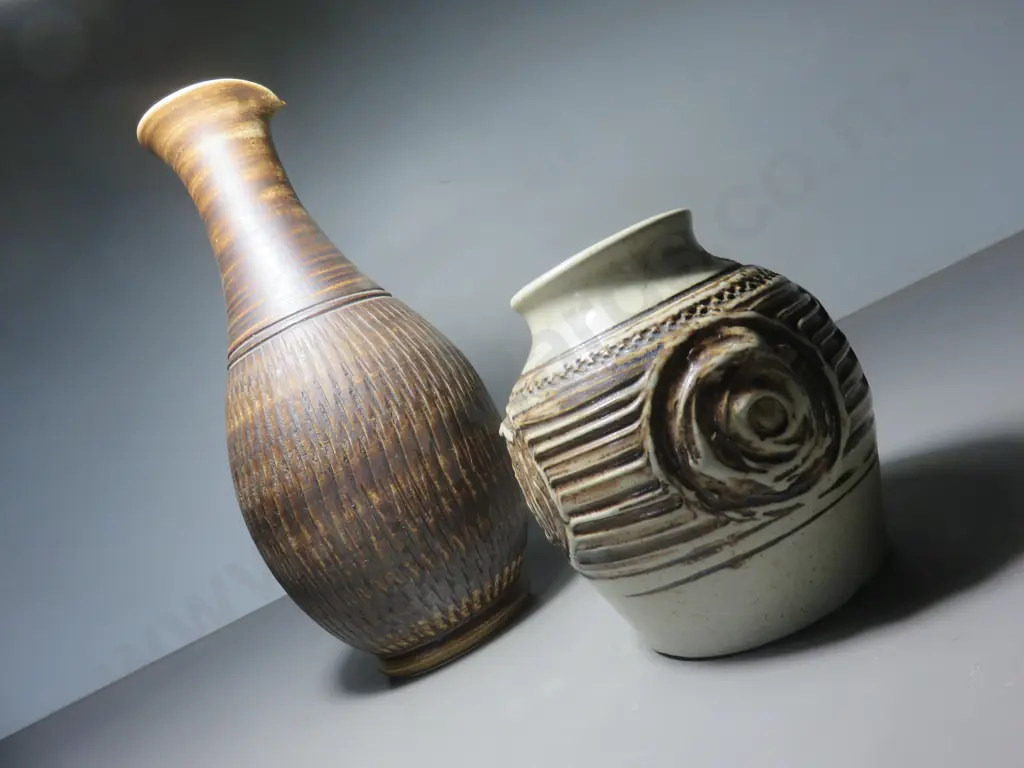 Pair of Purbeck pottery textured Vases Image 1++