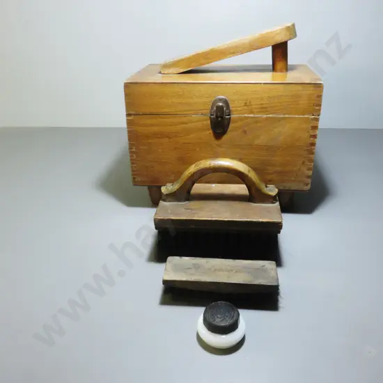 Early boxed timber shoe shine kit