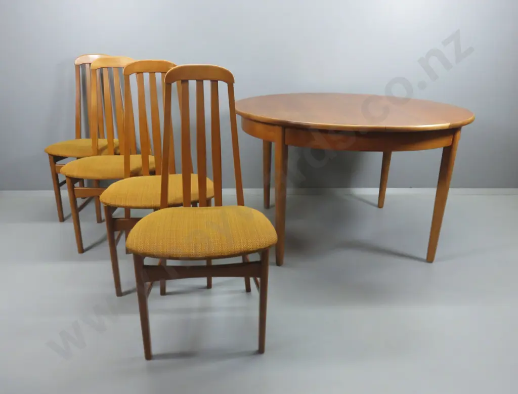 mid-century teak dining suite w/ round flip-leaf table, 4 slat back chairs w/ gold tweed fabric seats H730 D1220 Image 1++