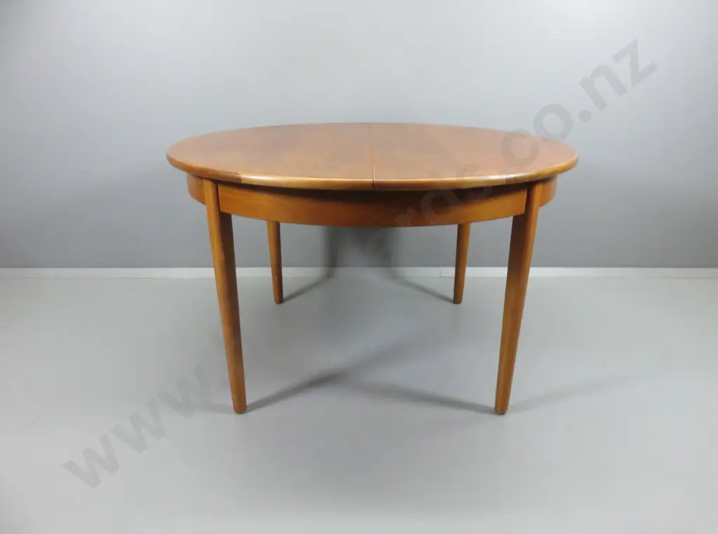 mid-century teak dining suite w/ round flip-leaf table, 4 slat back chairs w/ gold tweed fabric seats H730 D1220 Image 1++