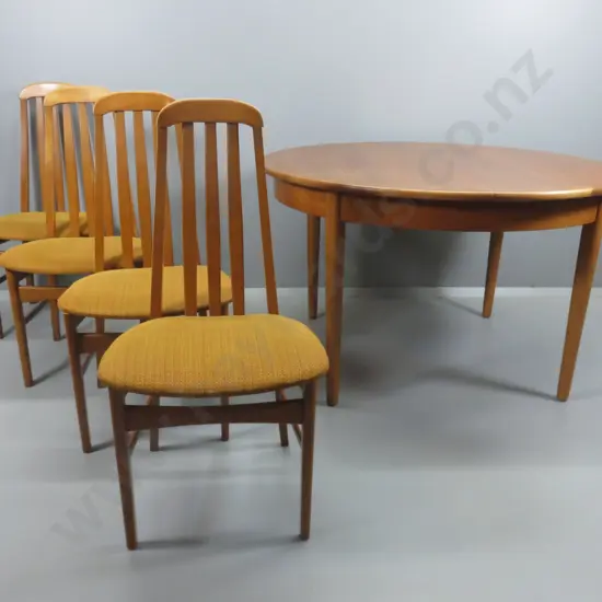 mid-century teak dining suite w/ round flip-leaf table, 4 slat back chairs w/ gold tweed fabric seats H730 D1220
