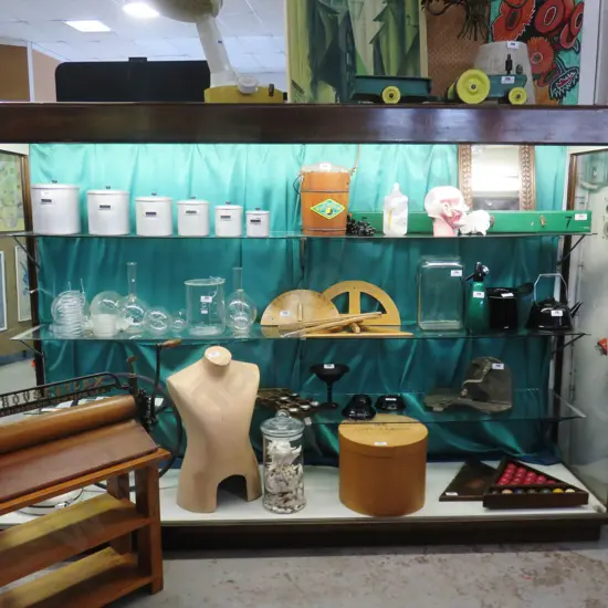 Edwardian department store illuminated display cabinet - missing glass doors, unmatched shelving H-1770 W-2580 D-690