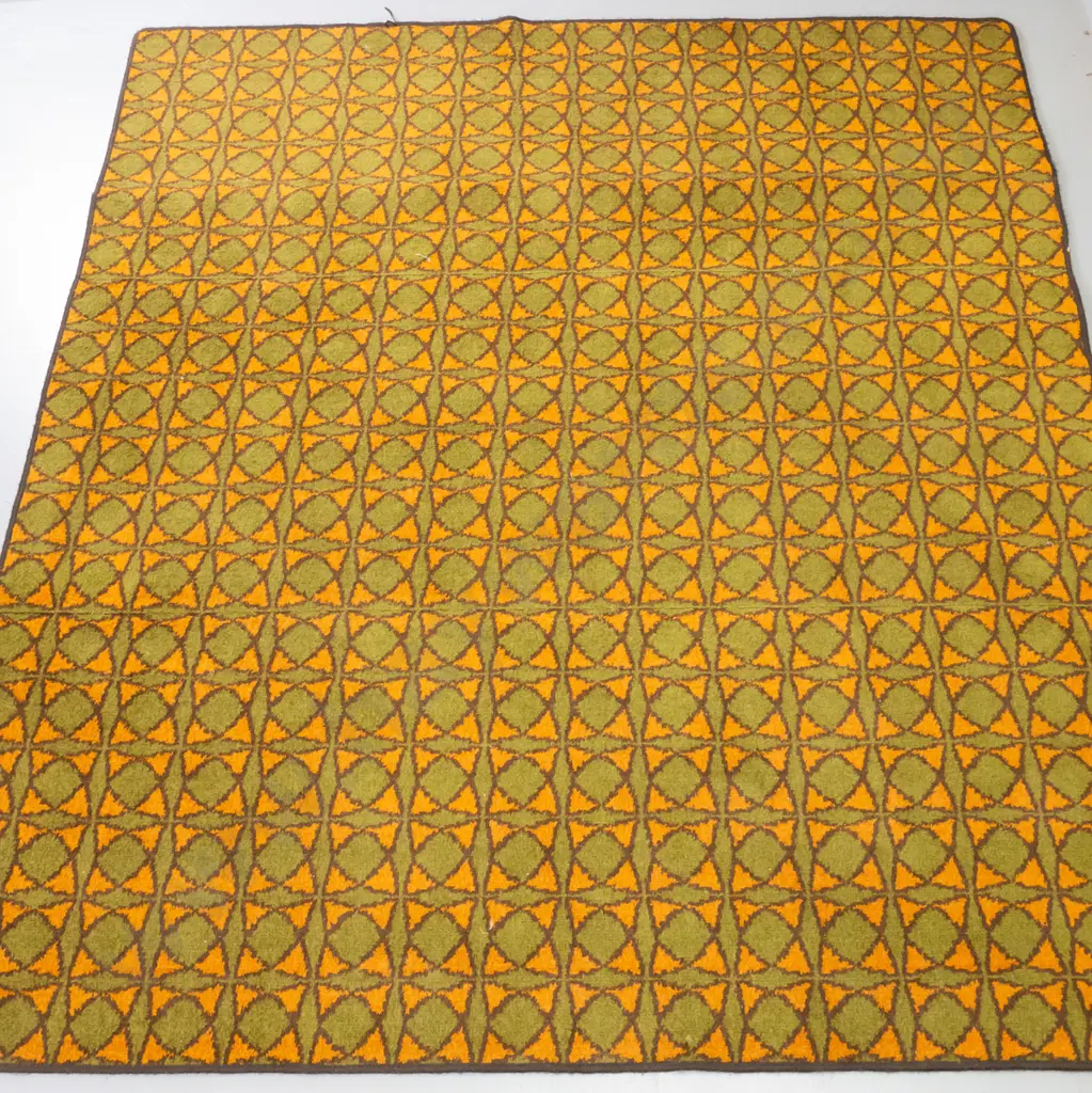 retro orange and green machine woven wool floor rug with bound edges, some visible wear at joins 2050 x 1820 Image 1++