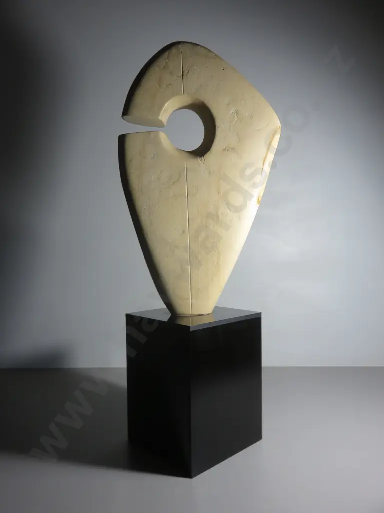 Modernist limestone and black Perspex cubed base sculpture Image 1++