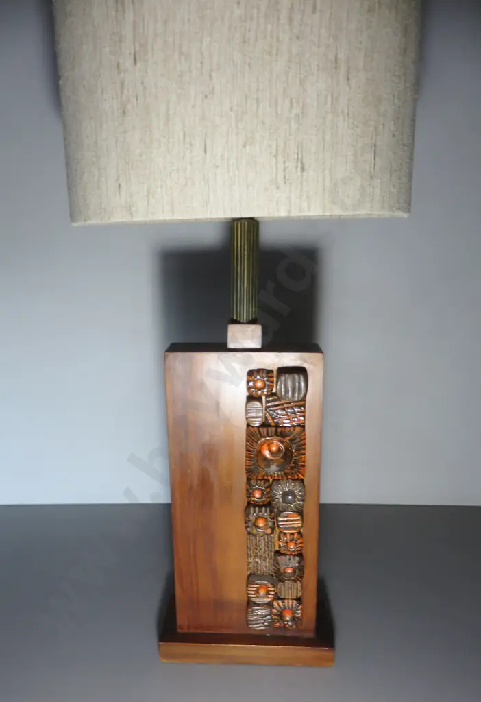Striking mid-century timber and tile pedestal lamp with Eunice Taylor Shade Image 1++