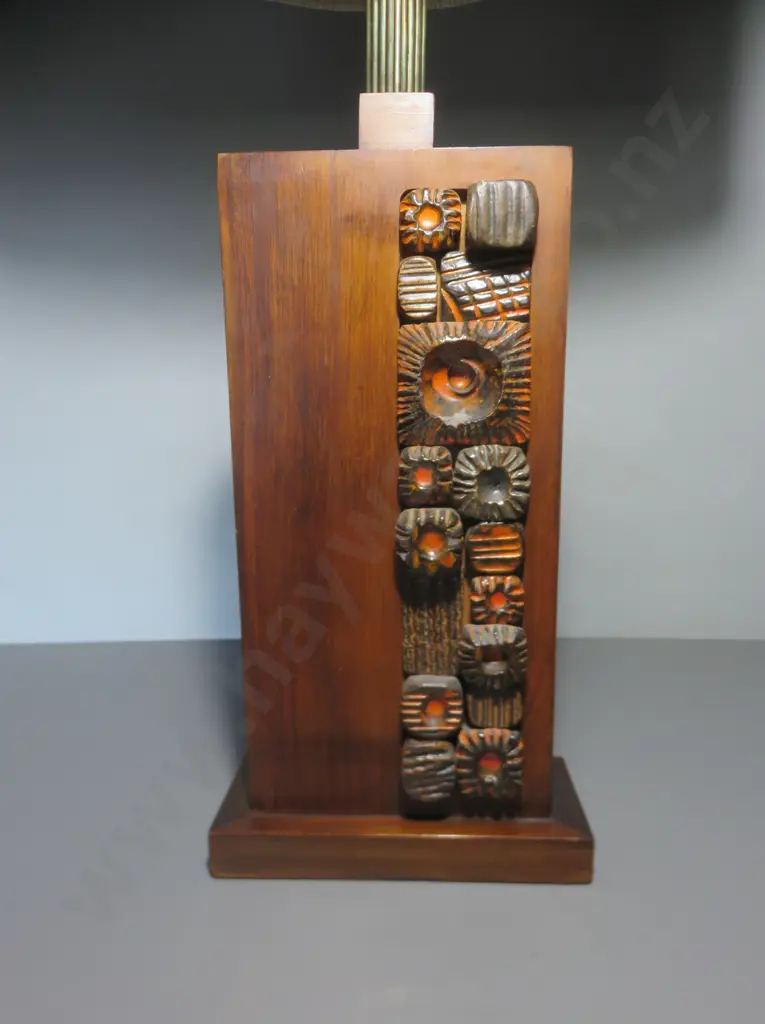 Striking mid-century timber and tile pedestal lamp with Eunice Taylor Shade Image 1++