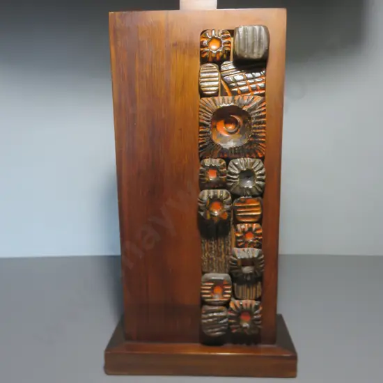 Striking mid-century timber and tile pedestal lamp with Eunice Taylor Shade