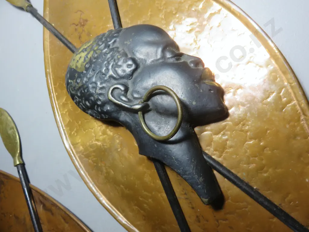 Pair of mid-century copper and brass patinated shields Image 1++