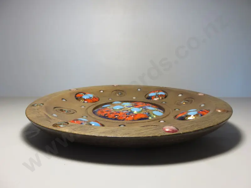 Arts and Crafts timber and enamel decorative wall platter Image 1++