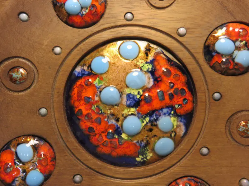 Arts and Crafts timber and enamel decorative wall platter Image 1++
