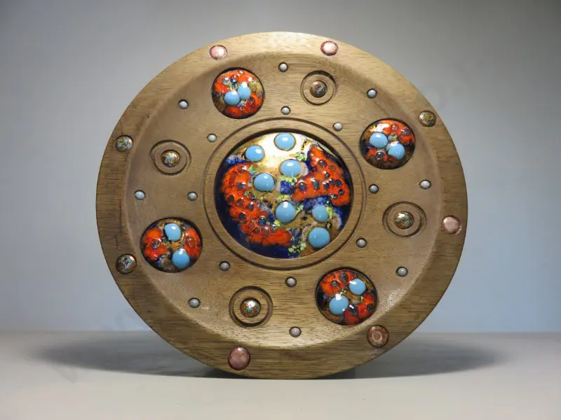 Arts and Crafts timber and enamel decorative wall platter Image 1++