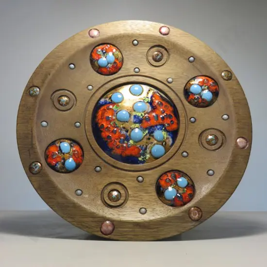 Arts and Crafts timber and enamel decorative wall platter