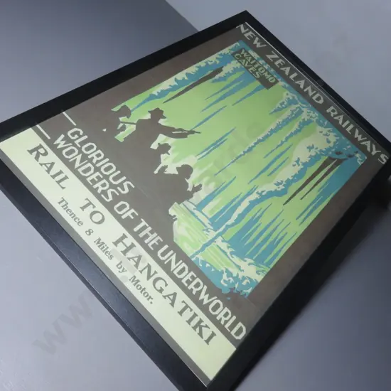 Reproduction travel print featuring New Zealand Railways and the Waitomo Caves