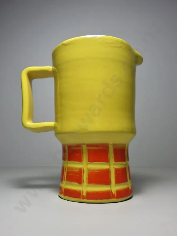 Mid-century bright yellow Italian pitcher with incised checkerboard design in burnt  Image 1++