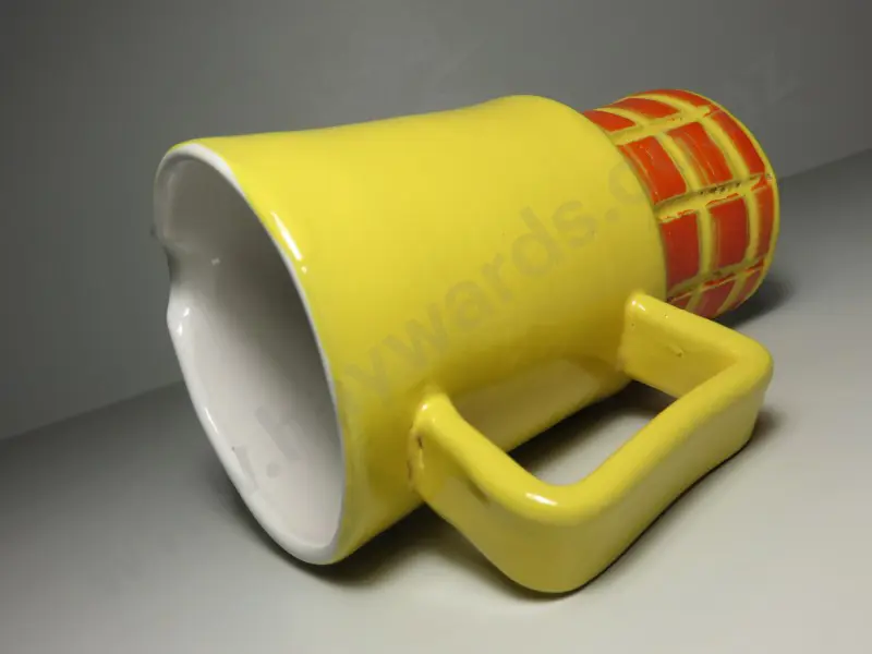 Mid-century bright yellow Italian pitcher with incised checkerboard design in burnt  Image 1++
