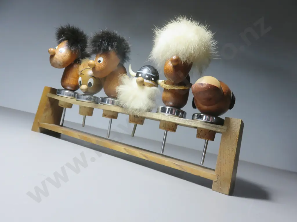 Set of six mid-century Danish teak timber and fur Bottle tops Image 1++