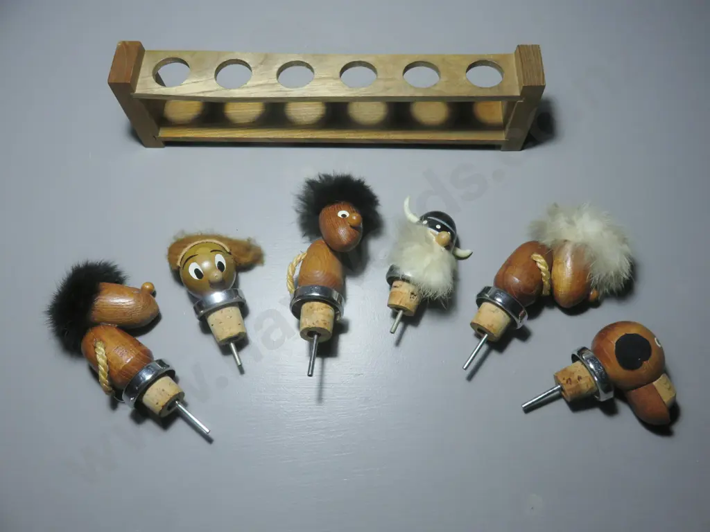 Set of six mid-century Danish teak timber and fur Bottle tops Image 1++