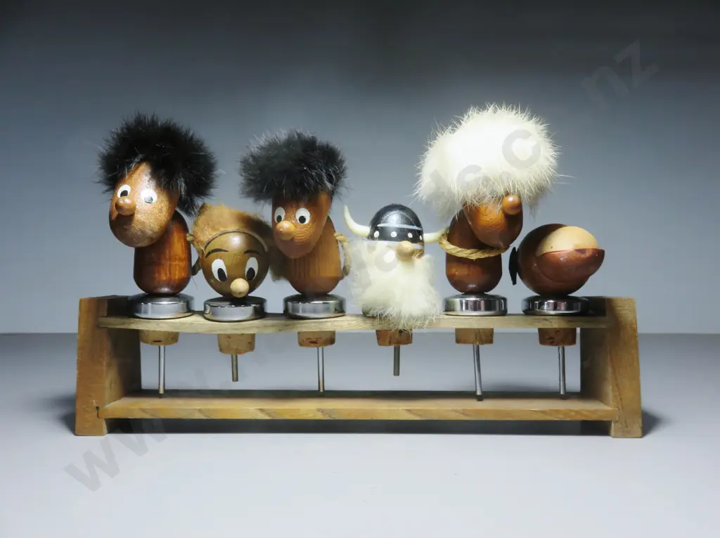 Set of six mid-century Danish teak timber and fur Bottle tops Image 1++