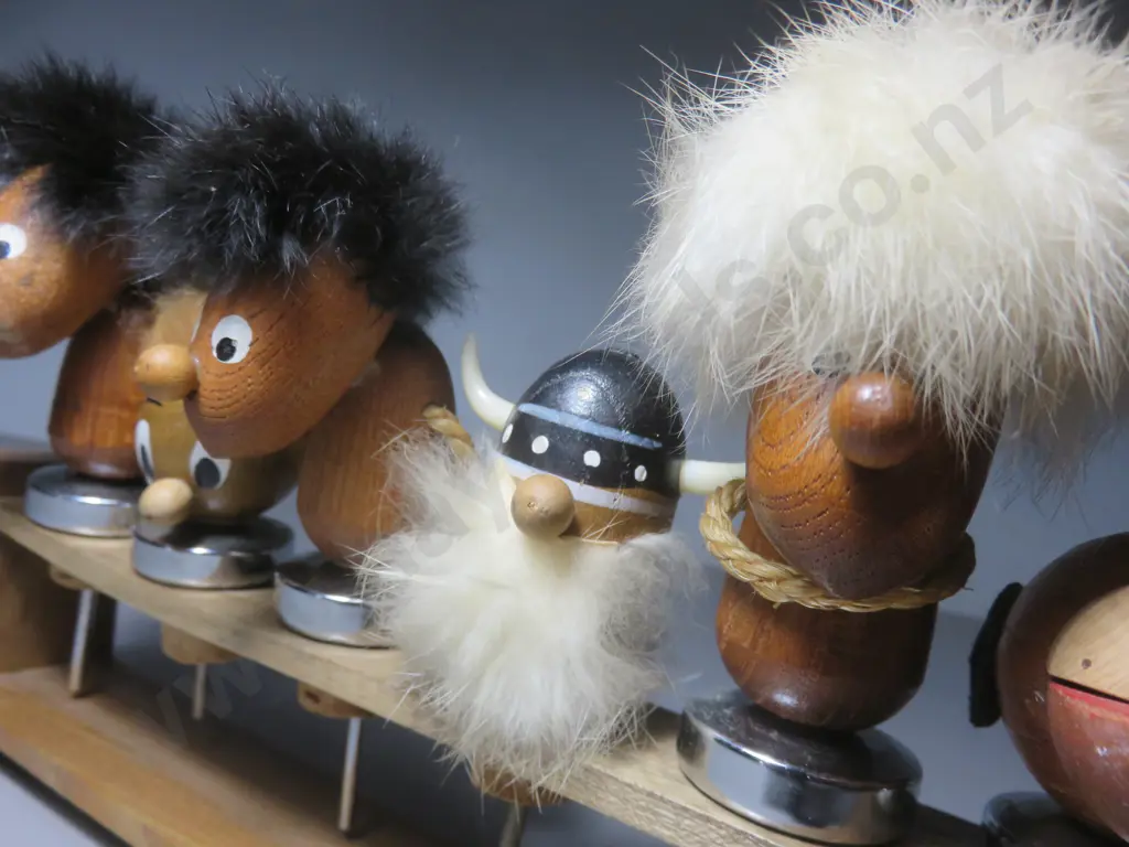 Set of six mid-century Danish teak timber and fur Bottle tops Image 1++