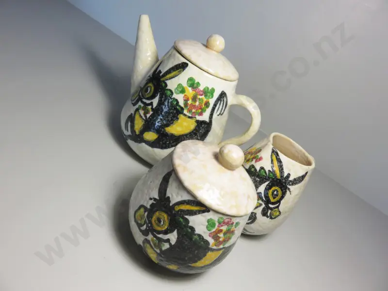 Mid-century studio potted “hot chocolate” drinking service featuring a hand painted donkey motif Image 1++