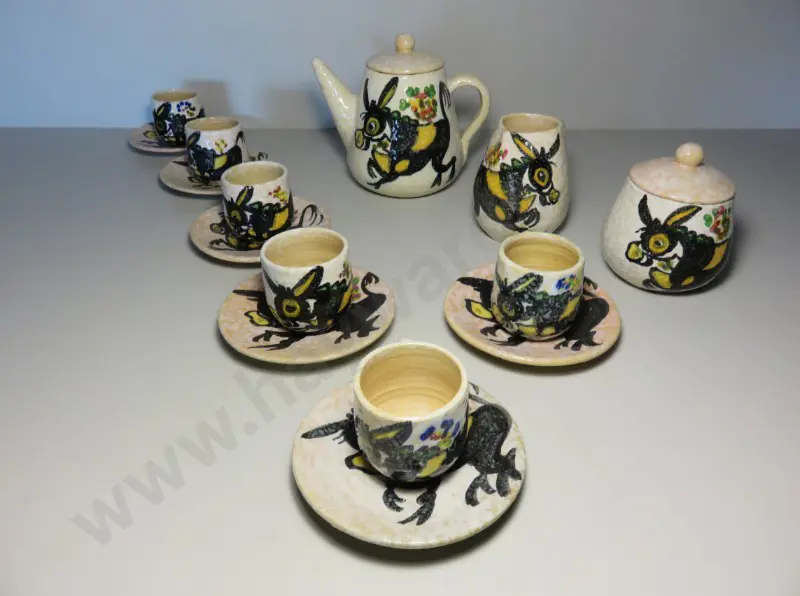 Mid-century studio potted “hot chocolate” drinking service featuring a hand painted donkey motif Image 1++