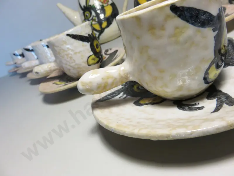 Mid-century studio potted “hot chocolate” drinking service featuring a hand painted donkey motif Image 1++