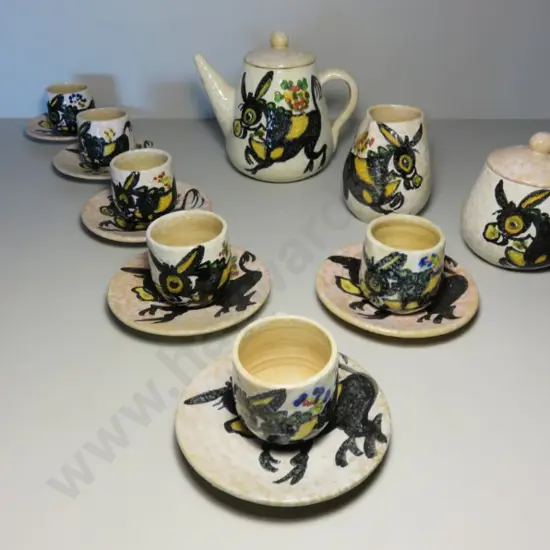 Mid-century studio potted “hot chocolate” drinking service featuring a hand painted donkey motif