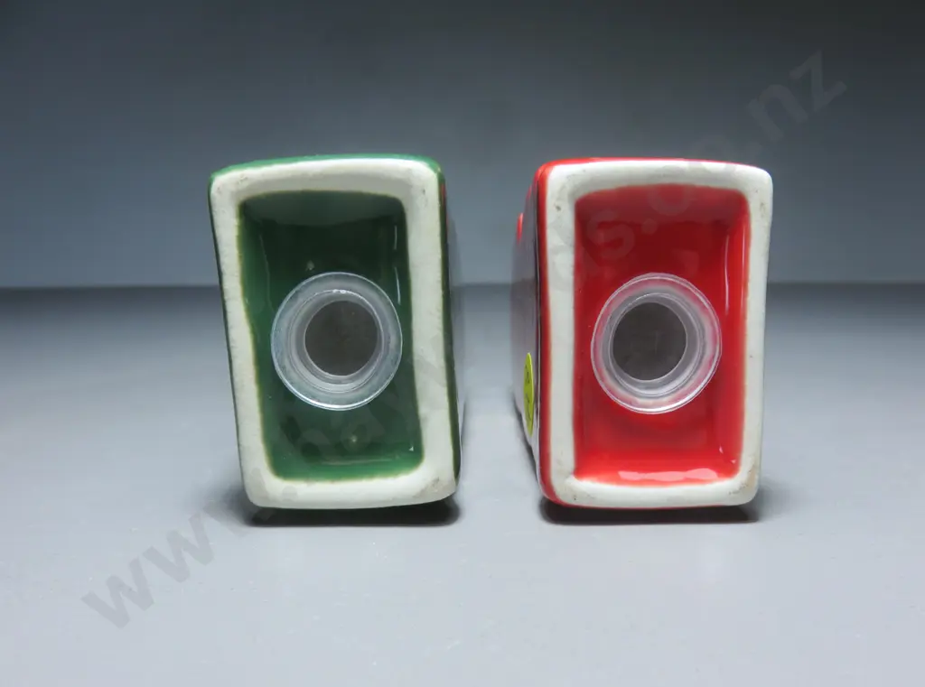 Red and Green New Zealand Pottery Tiki Cruets Image 1++