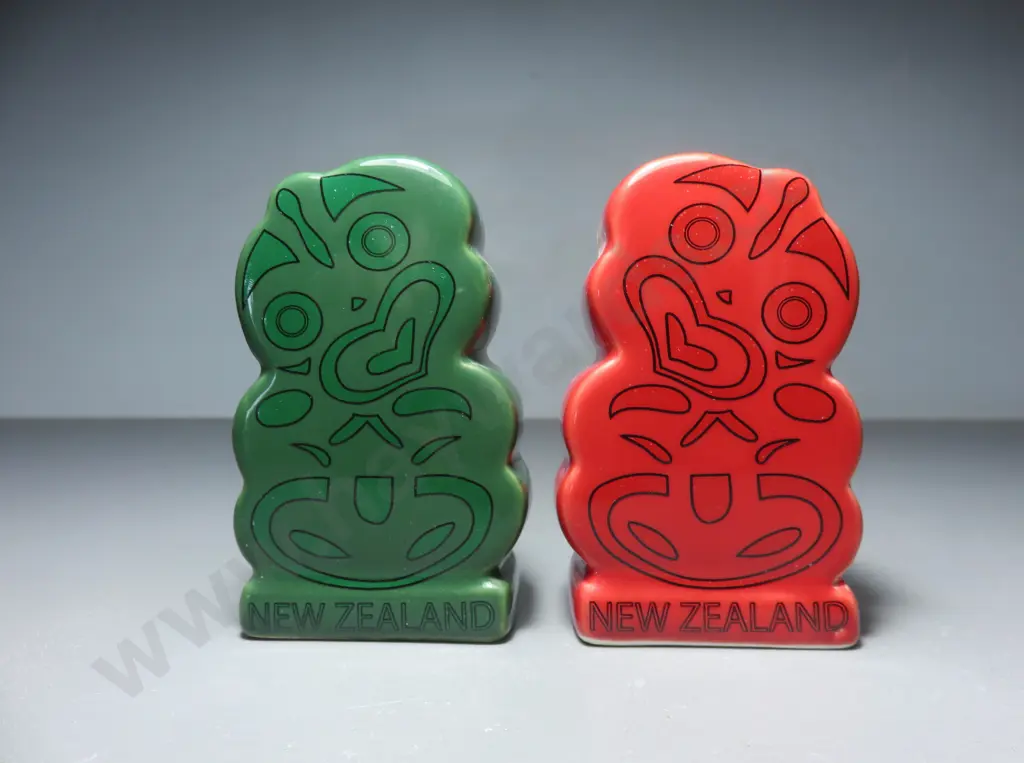 Red and Green New Zealand Pottery Tiki Cruets Image 1++