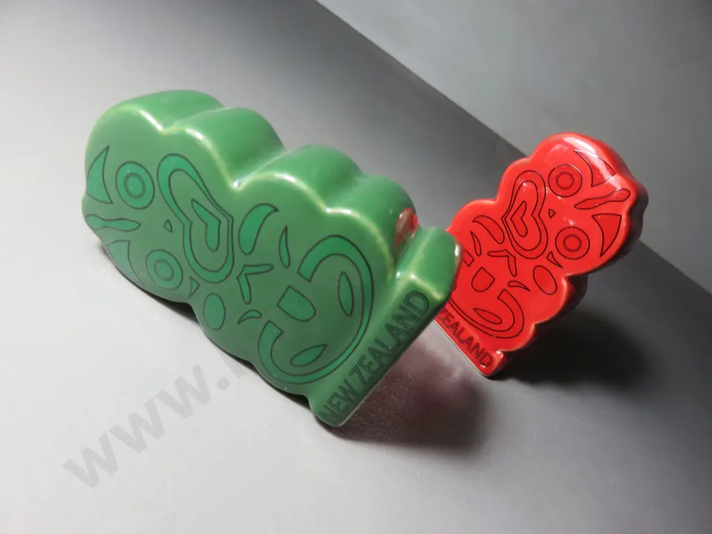 Red and Green New Zealand Pottery Tiki Cruets Image 1++