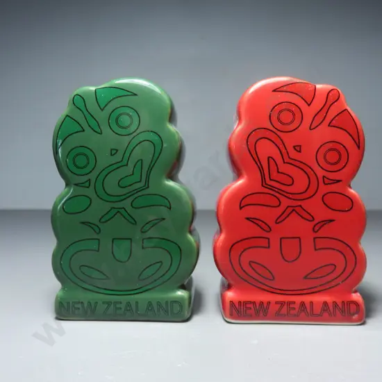 Red and Green New Zealand Pottery Tiki Cruets
