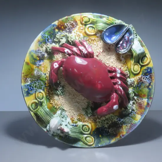 Large Portuguese Palissy Style Majolica Plate featuring a Crab and Mussels