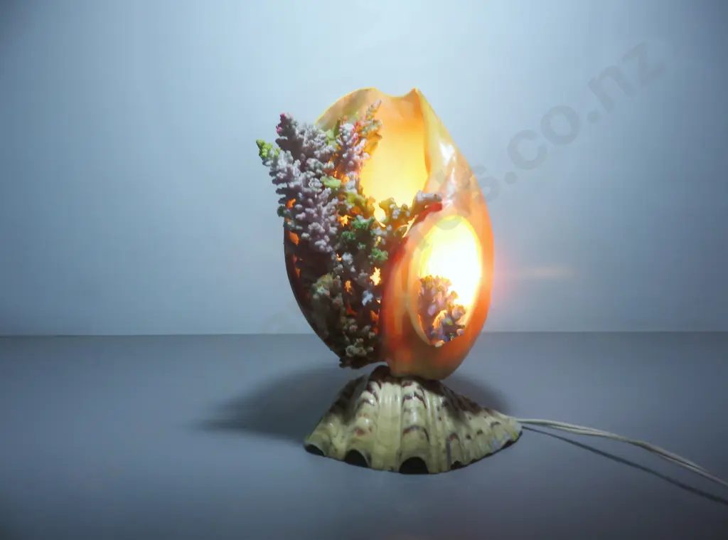 Mid-century Kitsch Coral and Shell Tiki Lamp Image 1++