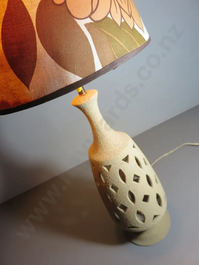 Vintage pierced pottery pedestal lamp with period floral shade Image 1++