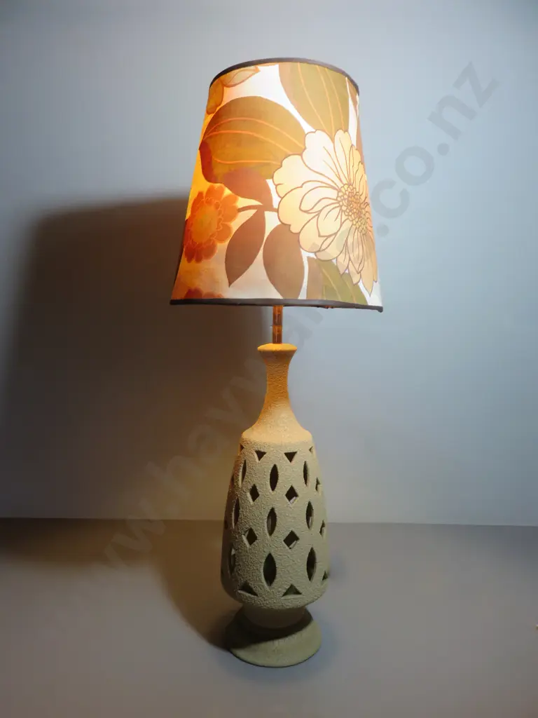 Vintage pierced pottery pedestal lamp with period floral shade Image 1++