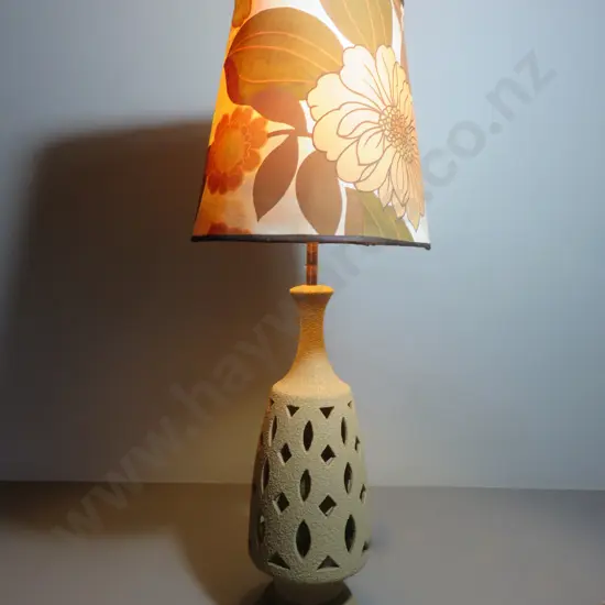 Vintage pierced pottery pedestal lamp with period floral shade