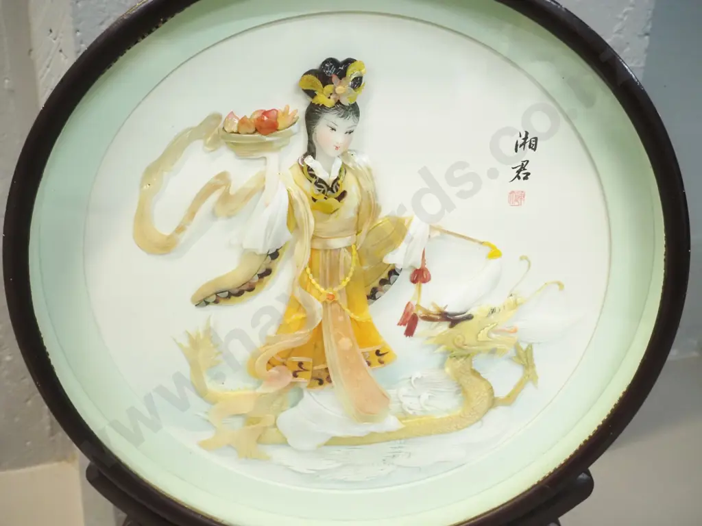 Chinese mosaic picture - faux shell & painted detail, in glazed wooden frame w/base, loose and leaning a bit H-470 D-350 Image 1++