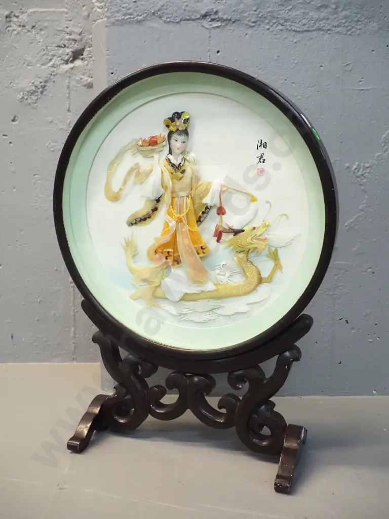 Chinese mosaic picture - faux shell & painted detail, in glazed wooden frame w/base, loose and leaning a bit H-470 D-350 Image 1++
