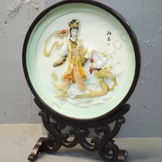 Chinese mosaic picture - faux shell & painted detail, in glazed wooden frame w/base, loose and leaning a bit H-470 D-350