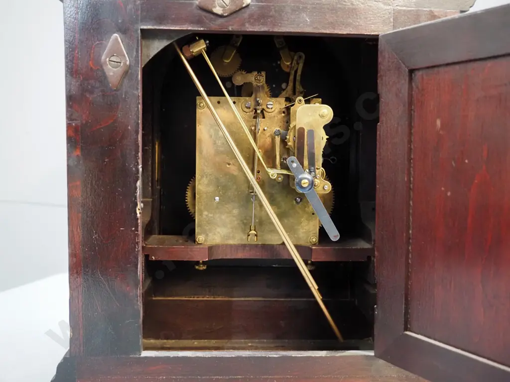 timber cased chiming mantel clock with brass fittings, columns on front, no maker's mark on movement H380 W300 D170 Image 1++