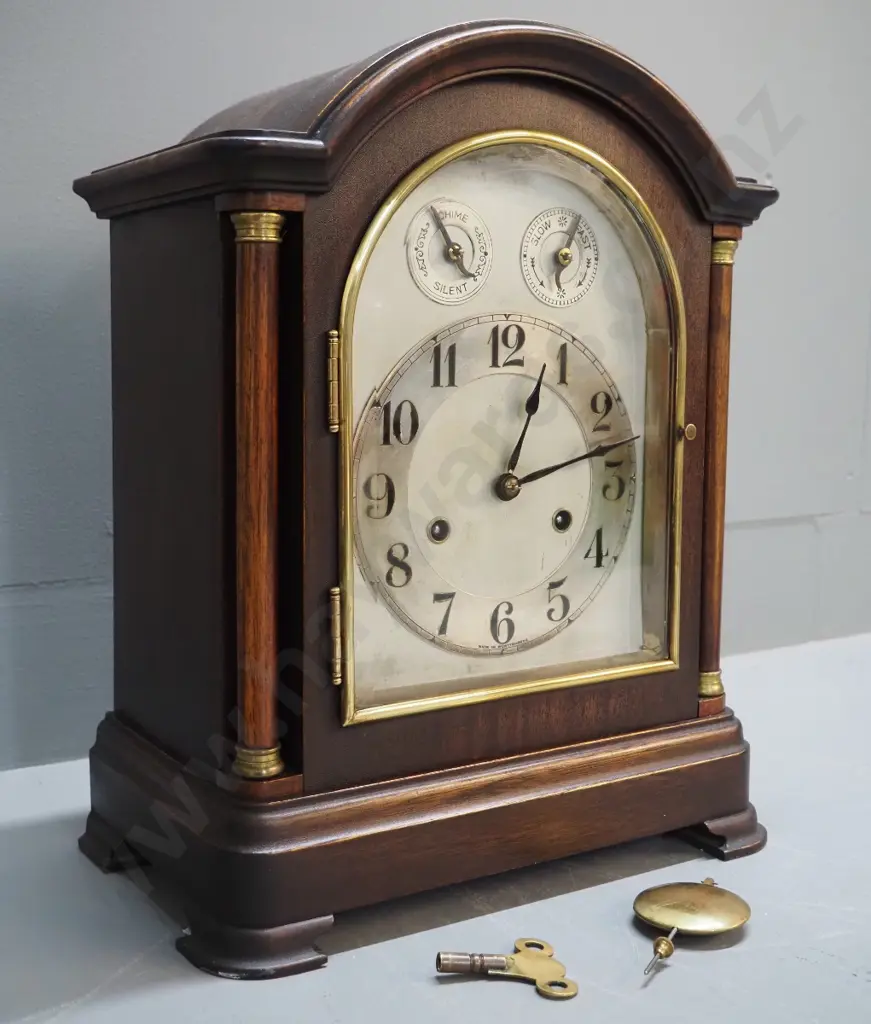timber cased chiming mantel clock with brass fittings, columns on front, no maker's mark on movement H380 W300 D170 Image 1++