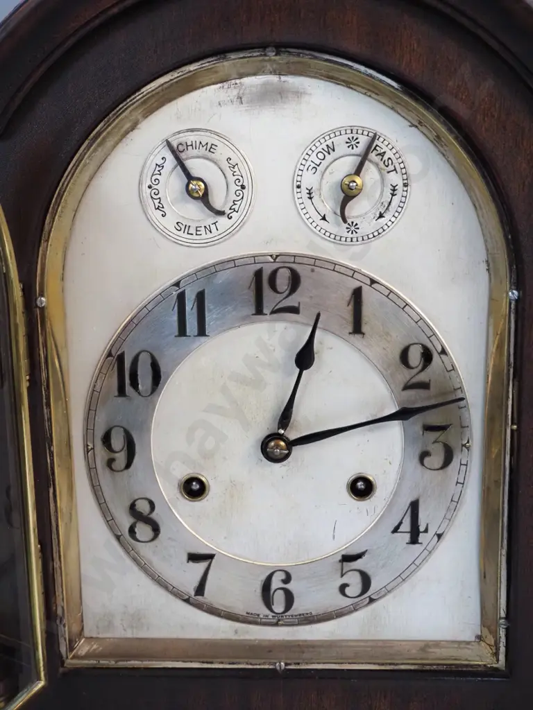 timber cased chiming mantel clock with brass fittings, columns on front, no maker's mark on movement H380 W300 D170 Image 1++