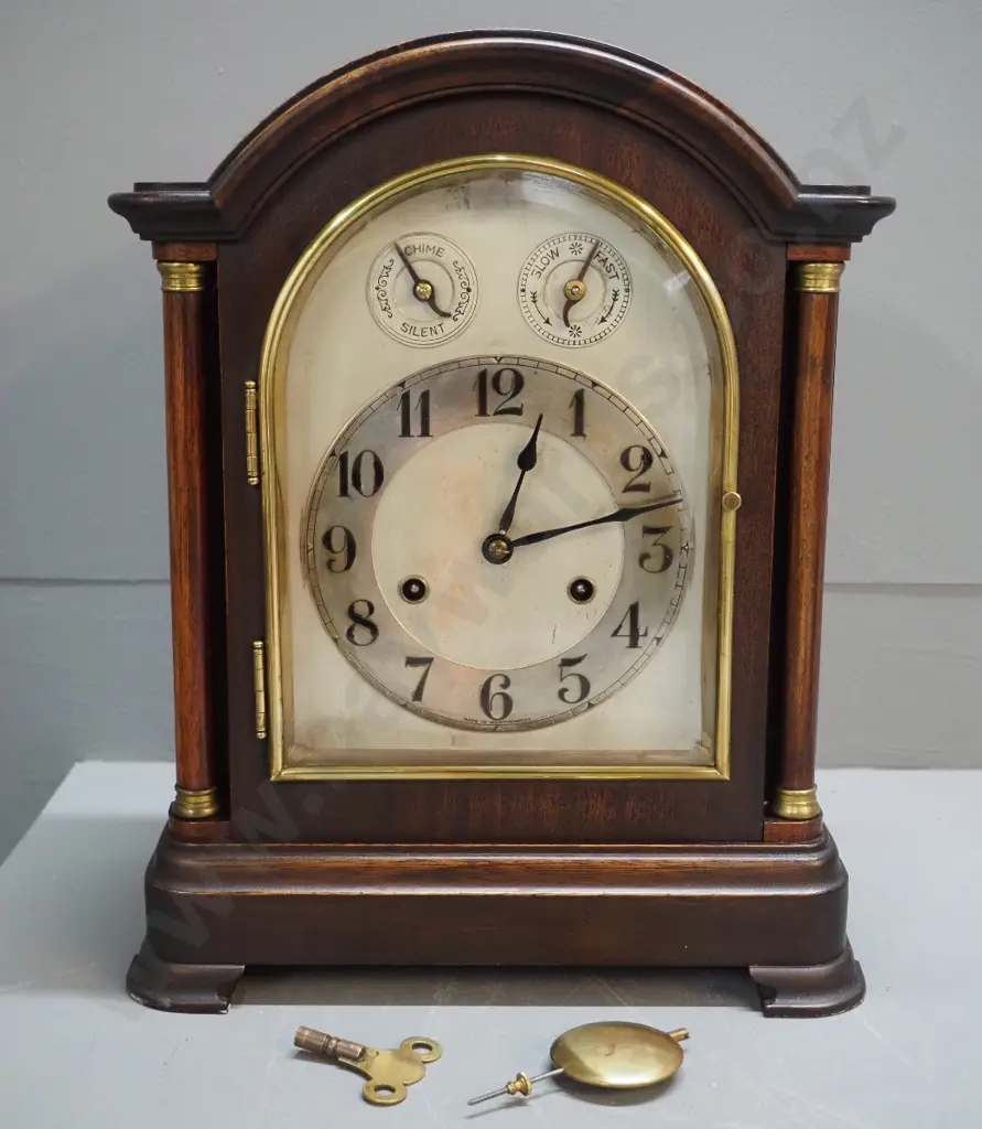 timber cased chiming mantel clock with brass fittings, columns on front, no maker's mark on movement H380 W300 D170 Image 1++