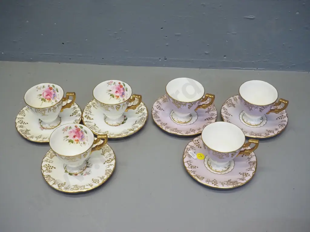 6 vintage Royal Crown Derby heavily gilded coffee cups & saucers - 3 each of 2 different styles Image 1++