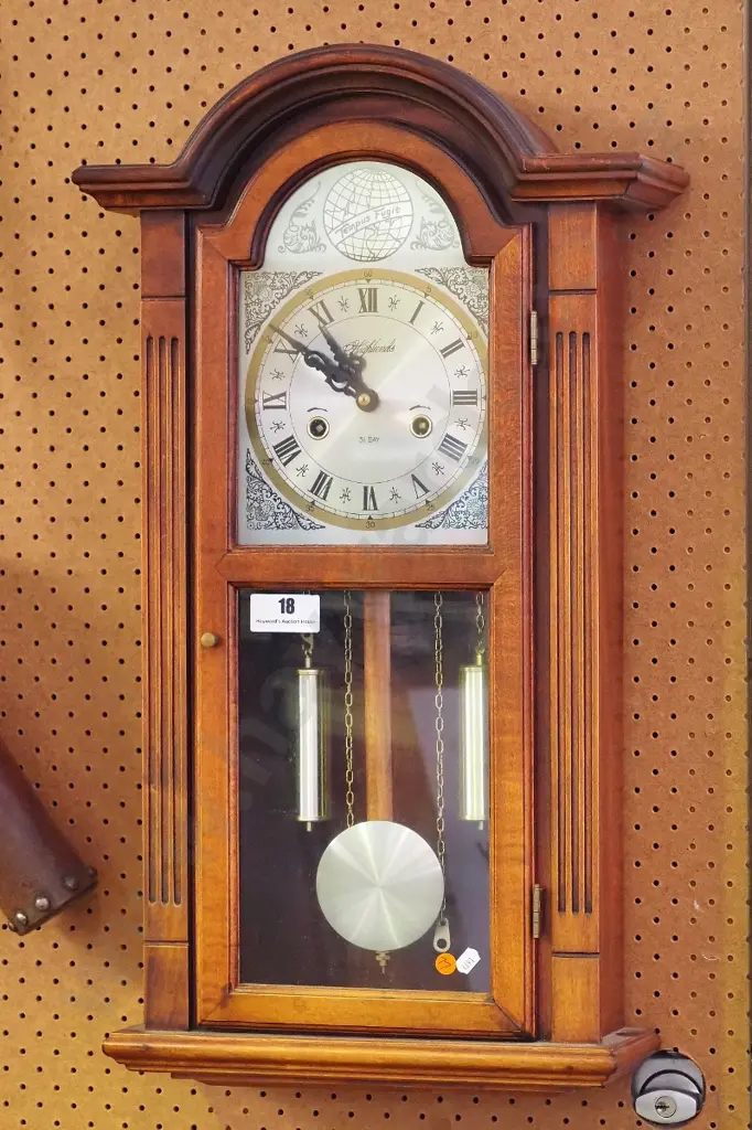 timber cased 31-day pendulum wall clock & key - face marked Highlands & Tempus Fugit, door catch missing H670 W400 D150 Image 1++