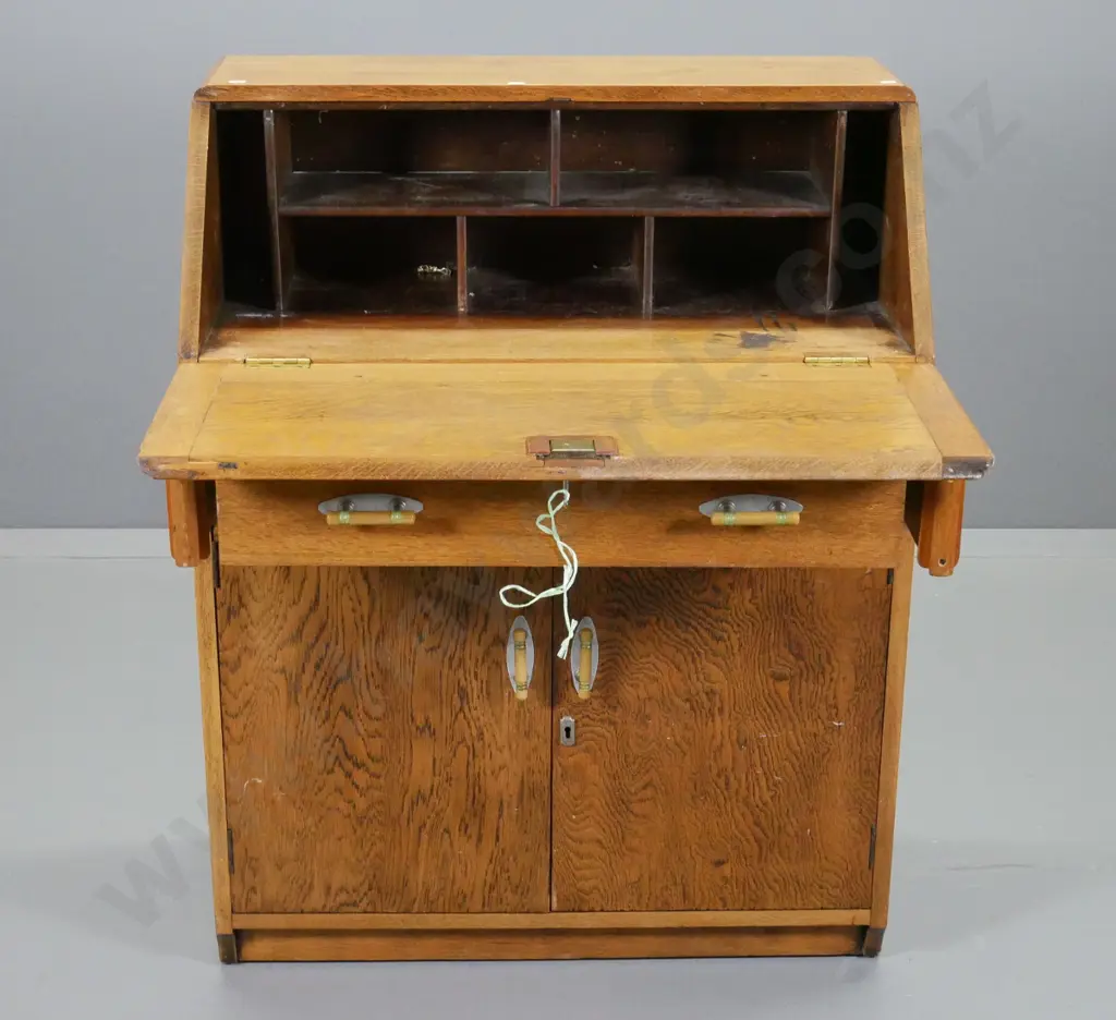 deco oak drop-front writing desk w/original chrome & bakelite handles, 2 doors, 1 drawer & key H995 W750 D400 Image 1++
